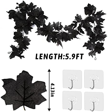 FOIMAS Halloween Maple Garland,2pcs Black Maple Leaves Garland with Lights for Halloween Mantle Fireplace Tree Decoration