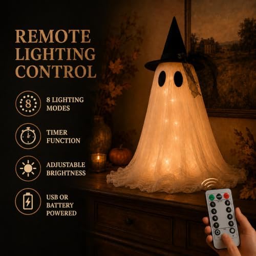 2-Pack Halloween Ghost Decor Set, USB Powered w/Remote Lights