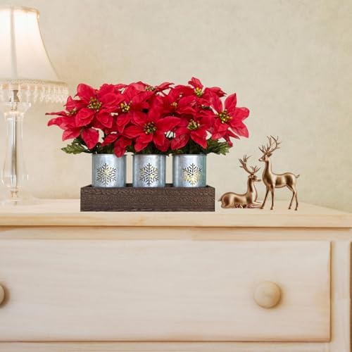 Poinsettias Artificial Christmas Flowers with LED Lights, Red Xmas Table Centerpiece in Pots and Wood Box for Decoration