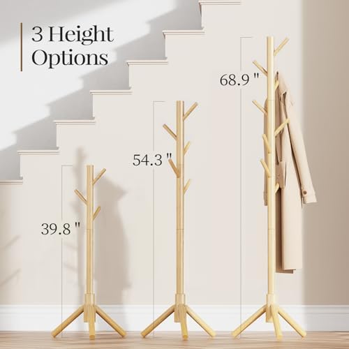 Pipishell Solid Wooden Coat Rack Freestanding with 8 Hooks, Natural