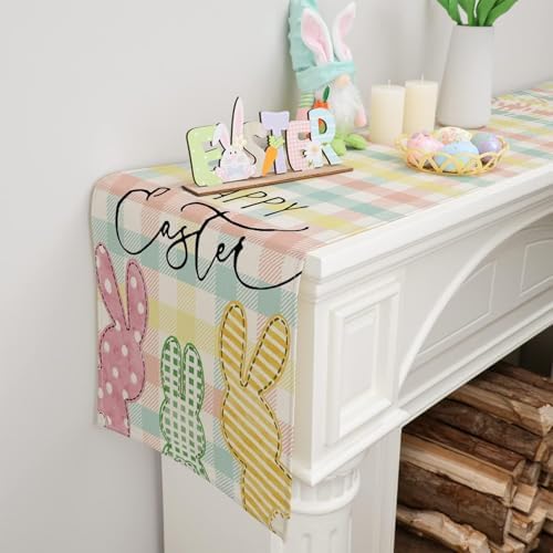 Niviy Buffalo Plaid Rabbit Bunny Happy Easter Table Runner, Check Stripes Kitchen Table Decor, Spring Kitchen Dining Table Decoration for Home Party Decor 13x108 Inch