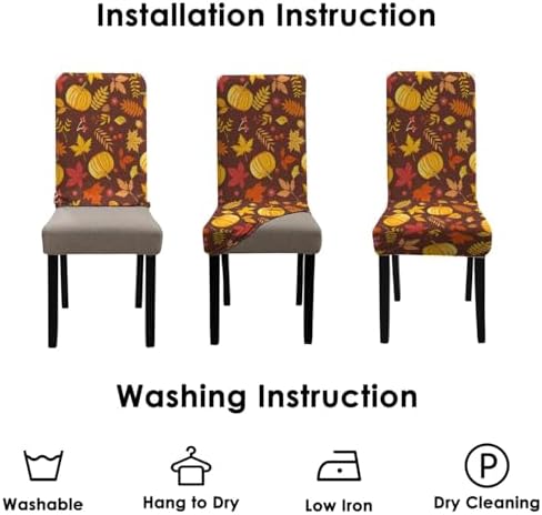 Fall Thanksgiving Chair Covers Set of 6, Pumpkin Maple Leaf Dining Chair Protectors, Elastic Removable Washable Dining Chair Covers, Suitable for Fall Thanksgiving Kitchen Dining Room Holiday Decor