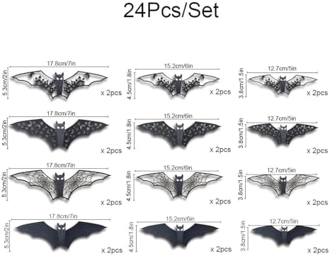 24Pcs Large Halloween Bats Decorations - 3D Self-Adhesive PVC Scary Wall Decor, Hollow Out Waterproof Black Stickers for Indoor Party Supplies, Door and Room Decals