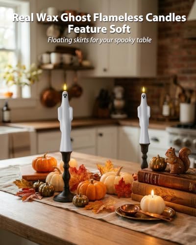 Homemory 6 Pcs Real Wax Ghost Flameless Taper Candles, 3D Wick Flickering Led Candlesticks 9.6 Inch Battery Operated with Remote & Timer, Spooky Halloween Gothic Indoor Decor
