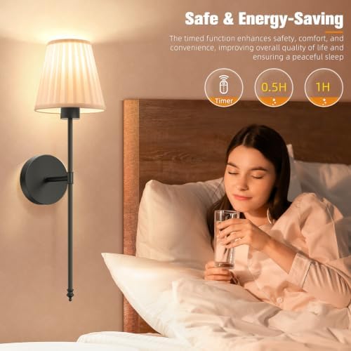 NIORSUN Battery Operated Wall Sconce Set of 2,Beige-Black Rechargeable Wall Lights with 10400mAh Dimmable Bulbs and