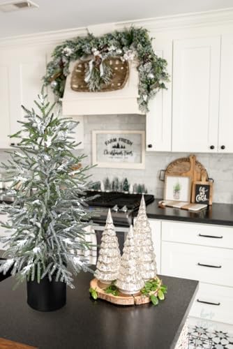 3FT Snow Flocked Artificial Norfolk Pine Tree in Pot, Real Touch Artificial Topiary Tree Small Faux Tabletop Christmas Tree for Front Porch Kitchen Home Indoor Outdoor Decor