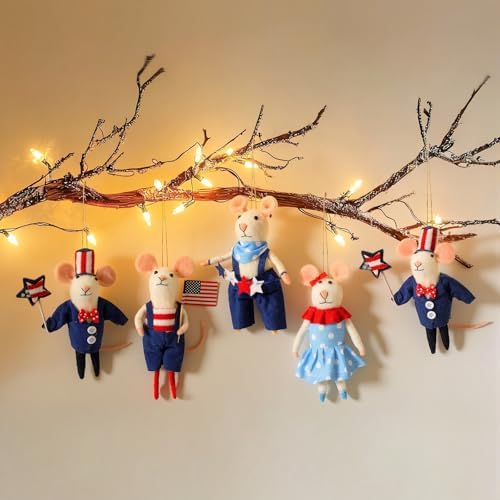 Hahafelt 4 Pcs 4th of July Felt Mice Ornament Cute Patriotic Wool Mouse Set