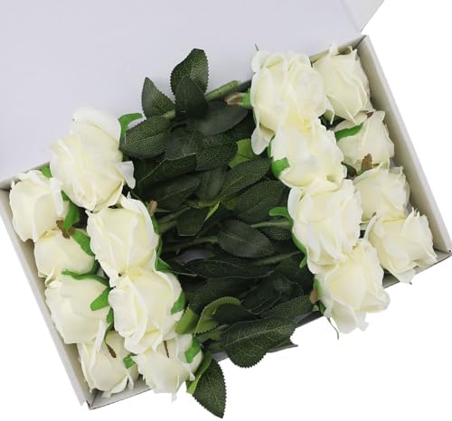 White Fake Roses Artificial Flowers - 16 Pcs Fake Artificial Roses Silk Flowers with Stems for Home Wedding Hotel Office Centerpiece Decor