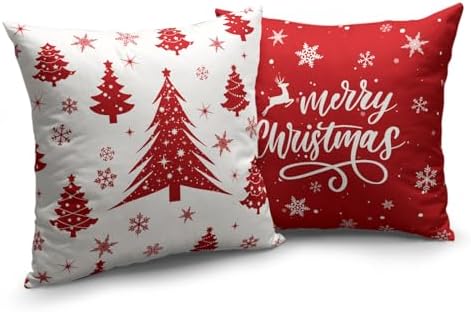 Red Christmas Throw Pillow Covers 16x16 Set of 2 Winter Xmas Tree Snowflake Outdoor Pillow Cases Merry Christmas Decorative Holiday Farmhouse Cushion Cover for Home Couch Sofa