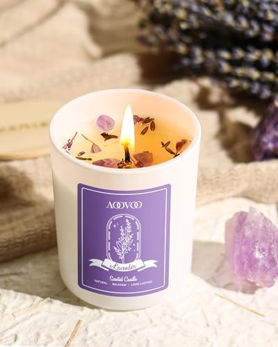 AOOVOO Lavender Scented Candle Set 2 Pack - Aromatherapy Candle with Crystals Inside, 14oz Soy Candles for Home