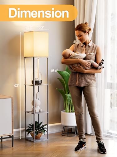 Floor Lamp with Shelves for Living Room, Shelf Floor Lamp with 3 CCT LED Bulb, Corner Display Standing Column Lamp