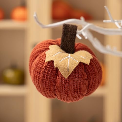 Kuriozud Faux Fall Harvest Crochet Pumpkins - Small Knit Rustic Farmhouse Foam Decor for Thanksgiving Halloween Autumn Mantel Table (Orange, 9cmx9cmx6cm)