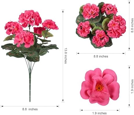 Artificial Geranium Fake Flowers for Outdoors Decoration, 6 Bundles Silk Geraniums Flower UV Resistant Look Real Faux Plants for Outside Planter Front Door Garden Patio Balcony Yard Home, Hot Pink