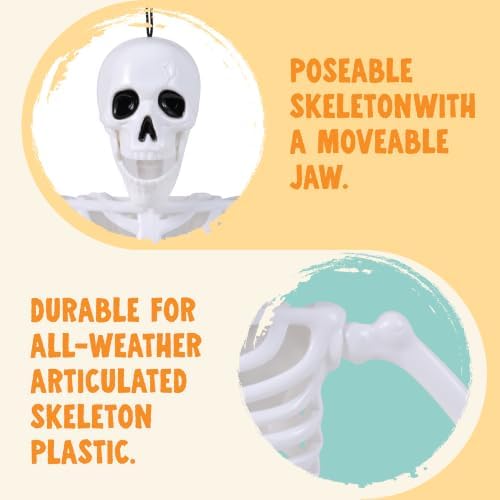 JOYIN 5 PCS 16" Blacklight Reactive Halloween Skeleton, Small Skeleton Decor, Full Body Posable Joint Hanging Skeleton for Halloween Decoration, Graveyard Prop, Haunted House, Spooky Scene Party Favor