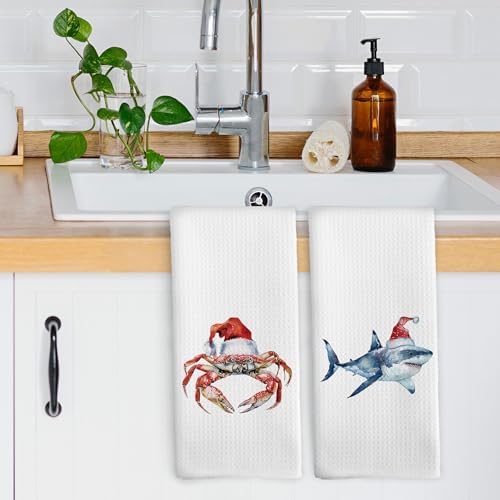 XPH Christmas Beach Kitchen Dish Towels, Crab Shark Gifts for Women, Coastal Crab Shark Christmas Hand Towels Kitchen Tea Towel Decorations, Coastal Xmas Bathroom Decor, 16x24inch Set of 2