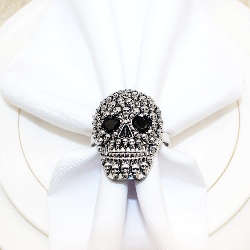 Halloween Napkin Rings Set of 6, Black Rhinestone Skull Head Napkin Holder Rings for Holiday Party Dinner Wedding Banquet Dinning Table Settings Decoration (Skull-6pc)