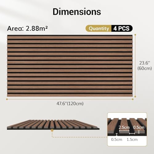 TONOR Wood Slatwall Panels, 4 Pack 47.2" x 23.6"/ 120 x60cm(31ft²) Acoustic Wall Panels, Wood Slat Acoustic Panels for