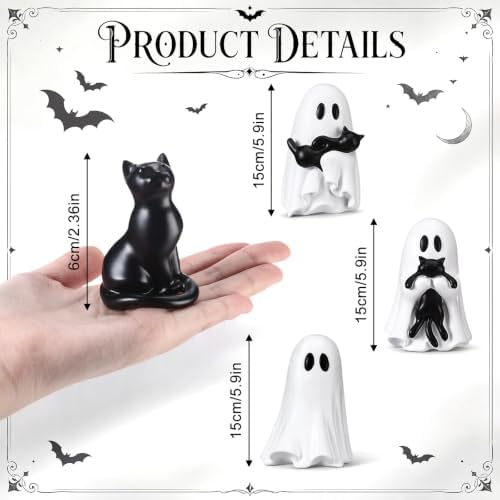 RattanView 4 Pcs Large Halloween Ghost Cat Table Decor, 6" Cute Figurines
