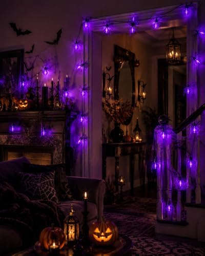 12FT Halloween Purple Spider String Lights, Plug-in 20 LED Decor