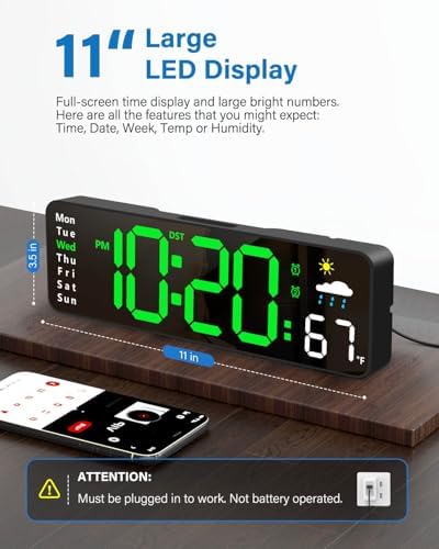 Digital Wall Clock, Digital Clock Large Display with Remote Control, Corded LED Alarm Clocks with Date, Week, Temp