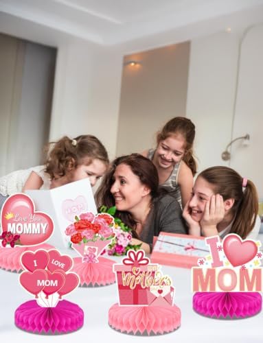 Mothers Day Table Decorations - Happy Mothers Day Centerpieces for Tables, 9Pcs Pink Super Mom Theme Honycomb Centerpieces, 3D Flowers and Heart Table Toppers, for Mother‘s Party Supplies