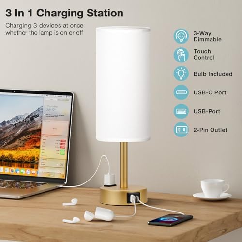 Fenmzee Gold Bedside Lamp for Bedroom, Dimmable Touch, USB A+C, AC Outlet