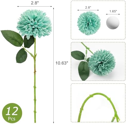 SITUMEIZI 12 Pcs Teal Flowers Artificial Chrysanthemums, Fake Mums