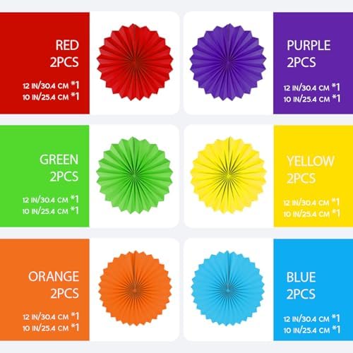Rainbow Paper Round Fan Decorations,Vibrant Red Green Yellow Blue Orange Purple Hanging Fans, Fiesta Party Decor, Wedding Birthday Backdrop, Back to School Decor, Set of 12, 10", 12"