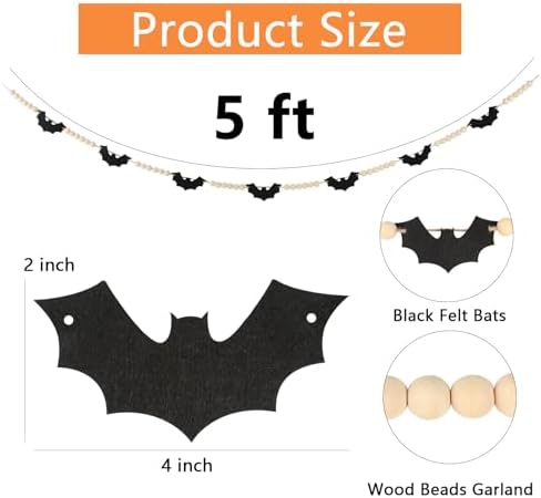 Halloween Decorations-Black Felt Bats Wood Beads Garland