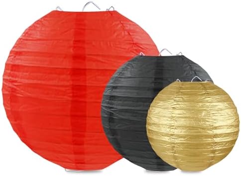 Red Black Gold Paper Lanterns, Round Hanging Paper Lanterns Decorations for Graduation Birthday Wedding Anniversary Baby Shower Holiday Party Supplies (9 PCS)