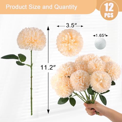 Hananona 12 Pcs Artificial Chrysanthemums Flowers Ball Flowers, Fake Mums Silk Plants for Home Decor Indoor Floral Arrangement Table Centerpiece (12, Champagne)