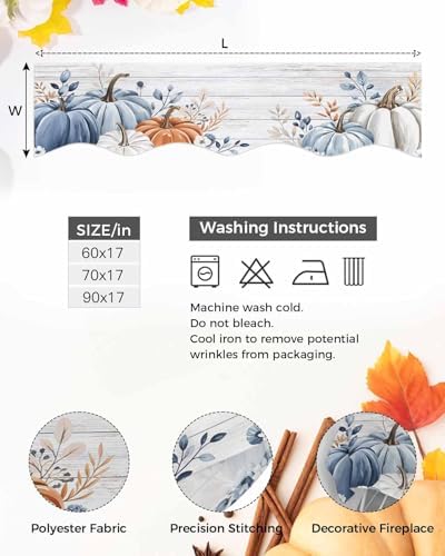 Fall Mantel Scarf for Fireplace, Blue Leaf Pumpkin Wood Grain Texture Fireplace Cover Decorations Indoor Thanksgiving Mantel Top Scarf Runner for Seasonal Autumn Holiday Party, 17 x 90 Inch