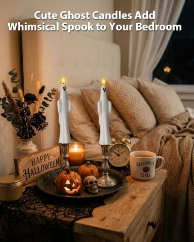 Homemory 6 Pcs Real Wax Ghost Flameless Taper Candles, 3D Wick Flickering Led Candlesticks 9.6 Inch Battery Operated with Remote & Timer, Spooky Halloween Gothic Indoor Decor