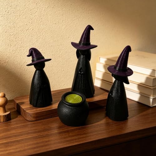 NEROSUN 4 PCS Halloween Witches Cauldron Figurine, Resin Miniature Scary Witches Tabletop Ornaments, Lighted Cauldron Ornaments for Indoor Outdoor Fireplace Shelf Home Halloween Party Decor Supplies