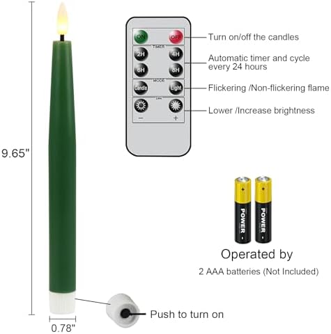 GenSwin Flameless Taper Candles with Remote Timer, Real Wax LED Flickering Candlesticks Battery Operated 3D Wick for Wedding, Party, Home(Christmas Green, 9.84", Set of 2)