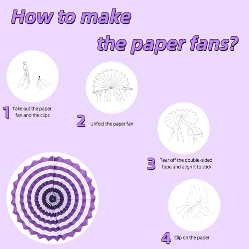 Purple Hanging Paper Fans, 12 Pieces Hanging Party Decorations Round Pattern Paper Garlands for Birthday, Wedding, Thanksgiving Day, Halloween Party