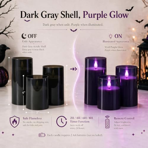 Homemory Dark Gray Flameless Candles, Purple Glow, Remote Timer, Set of 3