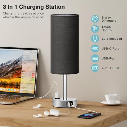 Fenmzee Black Bedside Lamp for Bedroom, Dimmable Touch, USB A+C, AC Outlet