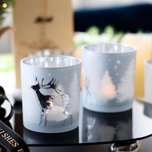 SHMILMH Christmas Votive Candle Holders Set of 4, Silver Glass Tealight Candle Holders for Xmas Table Centerpiece Decorations, Christmas Candle Jar for Making Candles Gift