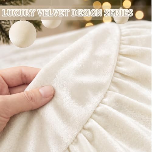 Velvet Christmas Tree Skirt, 36 Inches, Bow Style, Ivory White