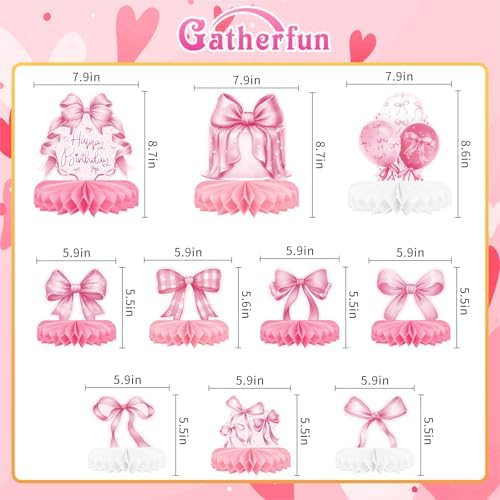 Pink Bow Birthday Decorations Set - Bow Party Decorations with Honeycomb Centerpieces & Table Centerpieces for Splendid Pink Bow Themed Party Supplies