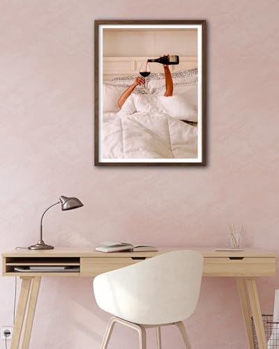 EcoHest 12x16 in Woman Drinking Wine in Bed Framed Wall Art for Bedroom
