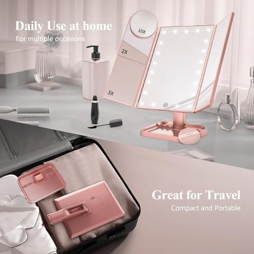 HUONUL 2X/3X/10X Magnifying Vanity Mirror with Light, Trifold Makeup Mirror