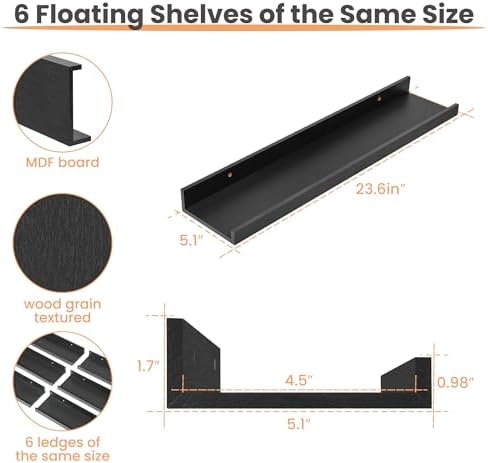 upsimples Floating Shelves for Wall Decor and Storage, Black, 6Pcs 23.6''
