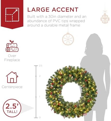 Best Choice Products 30in Pre-Lit Christmas Wreath w/Berries & Pinecones, Large Artificial Indoor/Outdoor Decor for Door, Mantel, Plug-in
