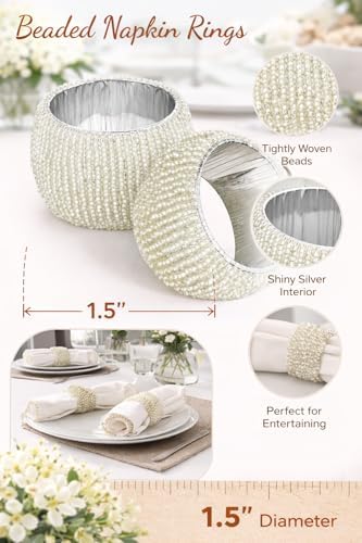 Silver Beaded Napkin Rings Set of 6 – Luxury Decorative Napkin Holders for Dining Table, Wedding, Party & Festive Table Decor – Elegant Handmade Bead Design, Durable & Reusable
