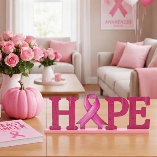 Smile Breast Cancer Awareness Wooden Standing Decor, HOPE Letters Pink Ribbon Tiered Tray Tabletop Signs with Stands for Home Office Decorations