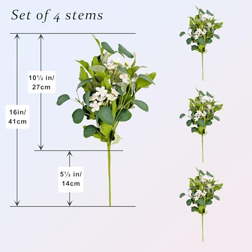 4Pcs 16" Artificial Eucalyptus & White Cherry Blossom Stems