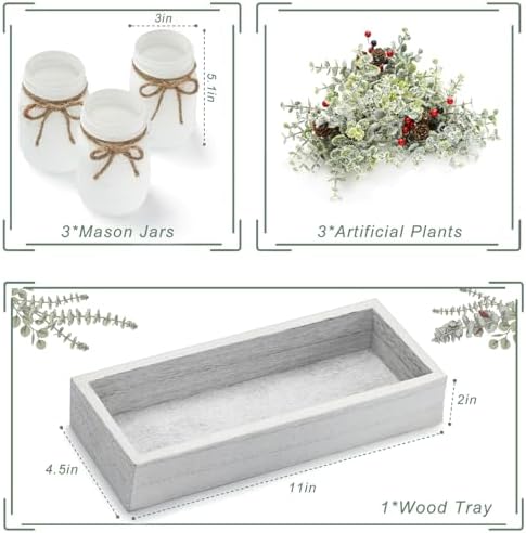 Christmas Mason Jars, Set of 3 White Painted Jars with Artificial Pine and Berries in Wood Tray, Christmas Centerpieces for Dining Table, Winter Home Decor