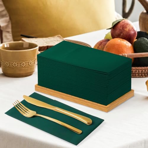 KAMMAK Dark Green Napkins Disposable with Pocket Cloth Like Dinner Paper Napkins 100 Pack Folded Guest Hand Towel for Party Decoration, Wedding Reception, Bathroom or Restaurant (16.5 x 16.5 inch)